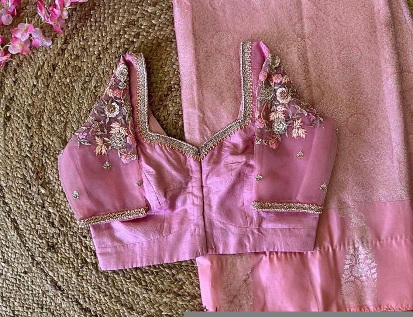 Hand Embroidered Zardosi Silk Blouse: Light Pink Maggam Work