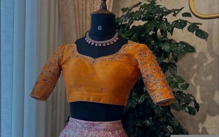 Hand Embroidered Zardosi Silk Blouse: Orange Saree Top
