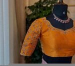Hand Embroidered Zardosi Silk Blouse: Orange Saree Top