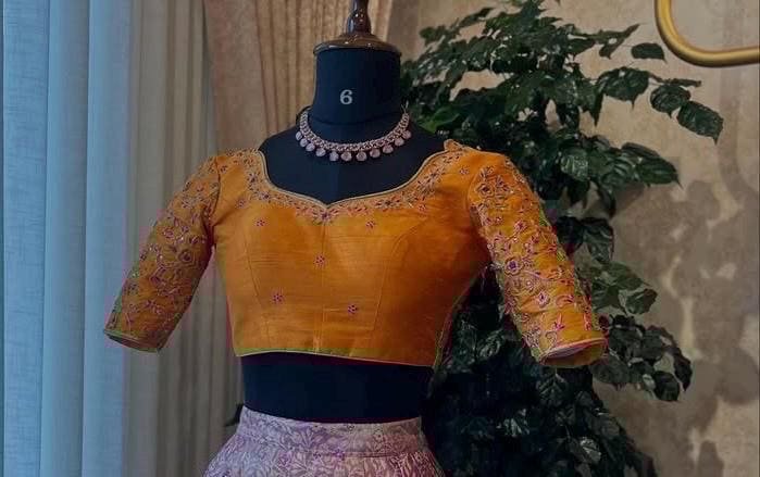 Hand Embroidered Zardosi Silk Blouse: Orange Saree Top