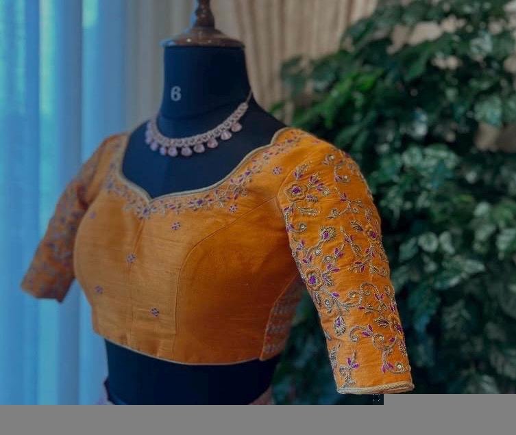 Hand Embroidered Zardosi Silk Blouse: Orange Saree Top