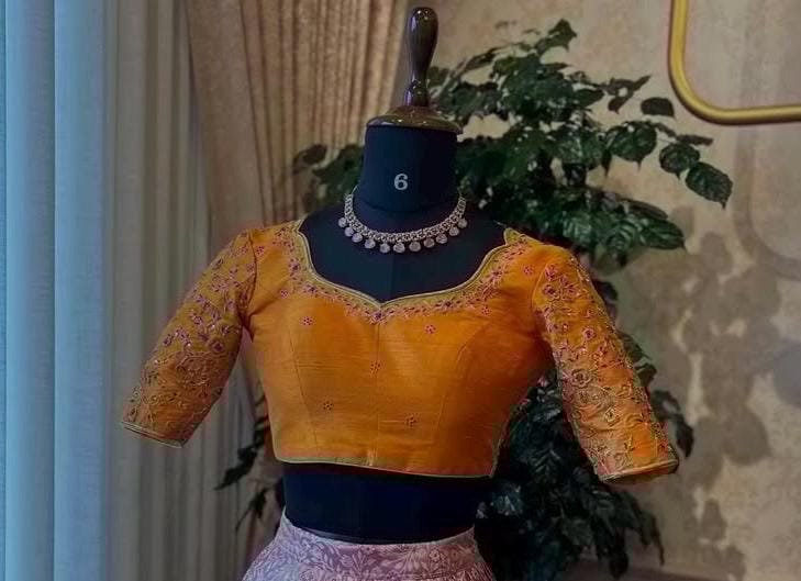 Hand Embroidered Zardosi Silk Blouse: Orange Saree Top