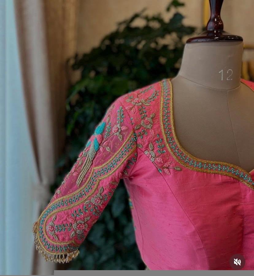 Hand Embroidered Zardosi Silk Blouse: Light Pink Maggam Work