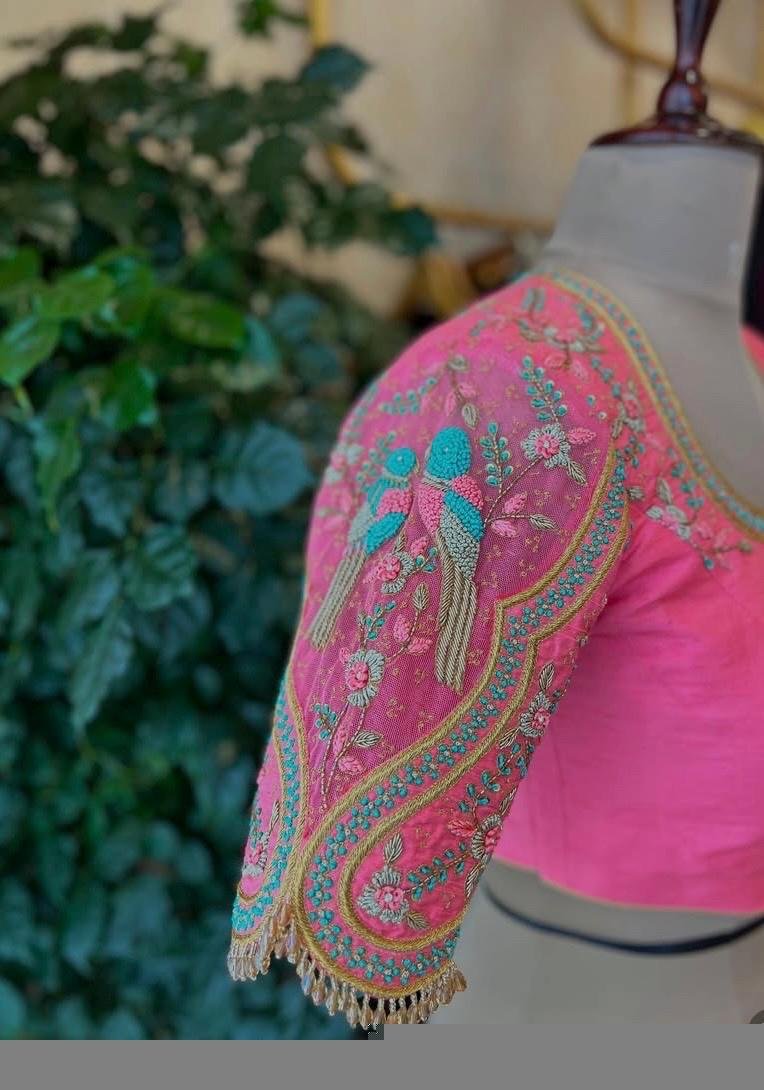 Hand Embroidered Zardosi Silk Blouse: Light Pink Maggam Work