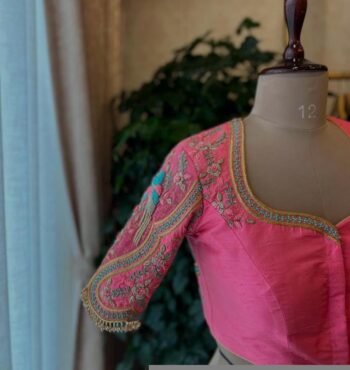 Hand Embroidered Zardosi Silk Blouse: Light Pink Maggam Work