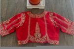 Red Pure Silk Hand-Embroidered Zardosi Blouse – Elbow Sleeve