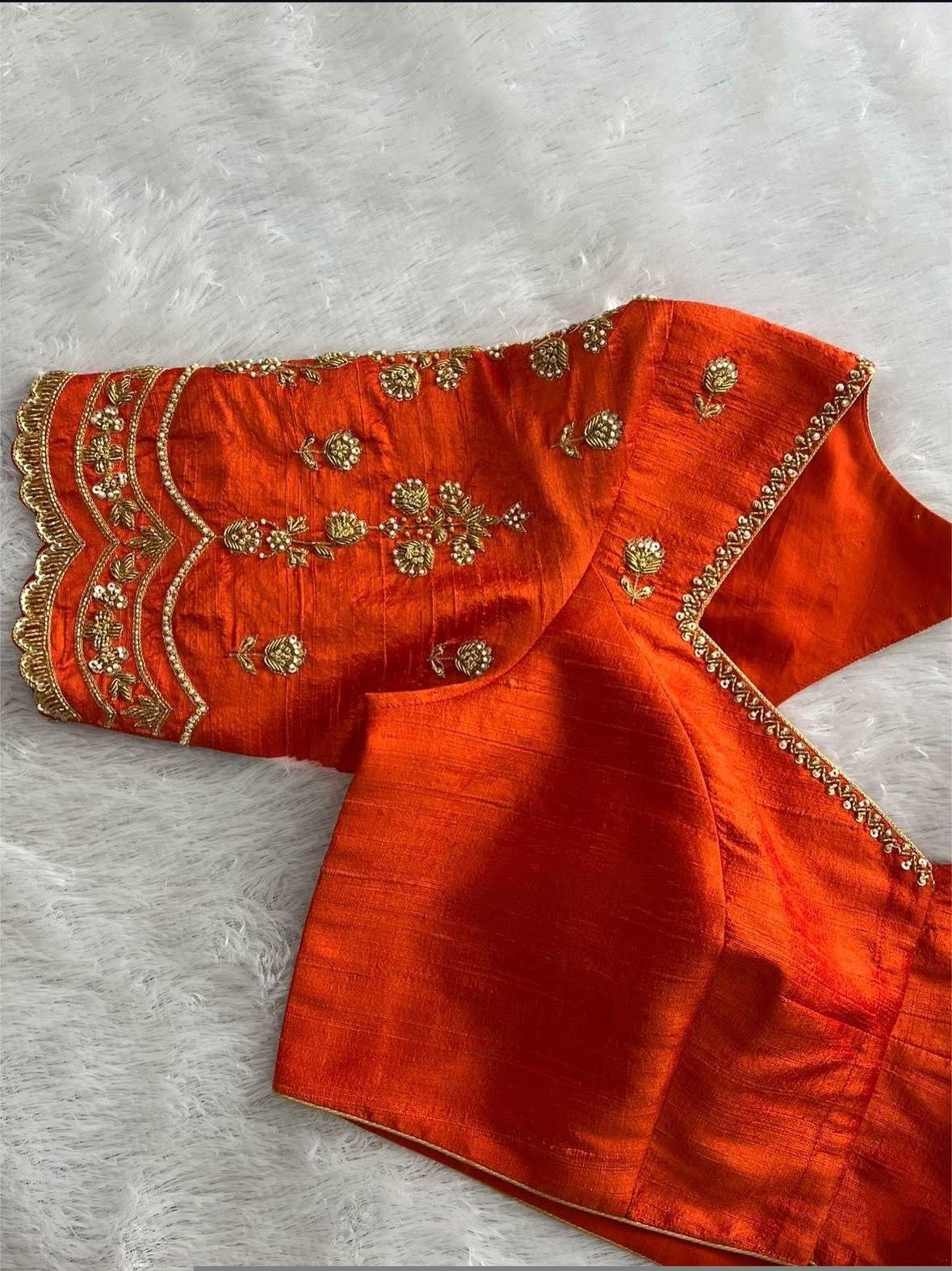 Hand Embroidered Zardosi Silk Blouse: Orange Maggam Work, Elbow Sleeve,Orange maggam blouse,hand work blouse,mix and match blouse,plus size
