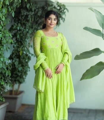 Hand Embroidered Pista Green Chanderi Silk Anarkali Suit with Kota Dupatta