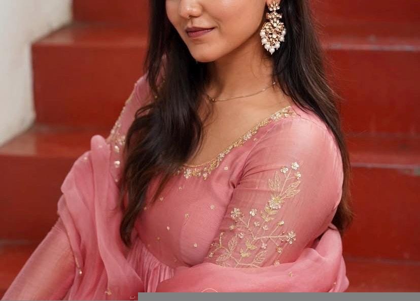 Hand Embroidered Pink Chanderi Silk Anarkali Suit with Kota Dupatta