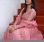 Hand Embroidered Pink Chanderi Silk Anarkali Suit with Kota Dupatta