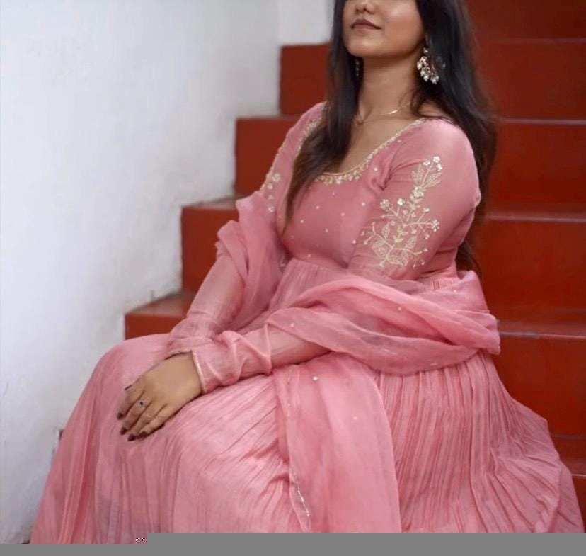 Hand Embroidered Pink Chanderi Silk Anarkali Suit with Kota Dupatta