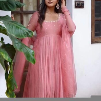 Hand Embroidered Pink Chanderi Silk Anarkali Suit with Kota Dupatta
