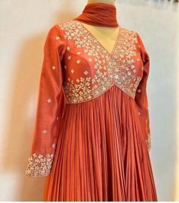 Hand Embroidered Orange Anarkali Suit Set: Chanderi Silk Dress with Dupatta
