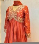 Hand Embroidered Orange Anarkali Suit Set: Chanderi Silk Dress with Dupatta