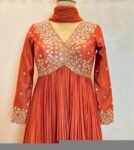 Hand Embroidered Orange Anarkali Suit Set: Chanderi Silk Dress with Dupatta