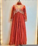 Hand Embroidered Orange Anarkali Suit Set: Chanderi Silk Dress with Dupatta
