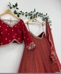 Hand Embroidered Kalamkari Lehenga Set: Red Silk Crop Top, Tissue Dupatta, half saree lehenga, teens Lehenga,tissue lehenga set,wedding dres