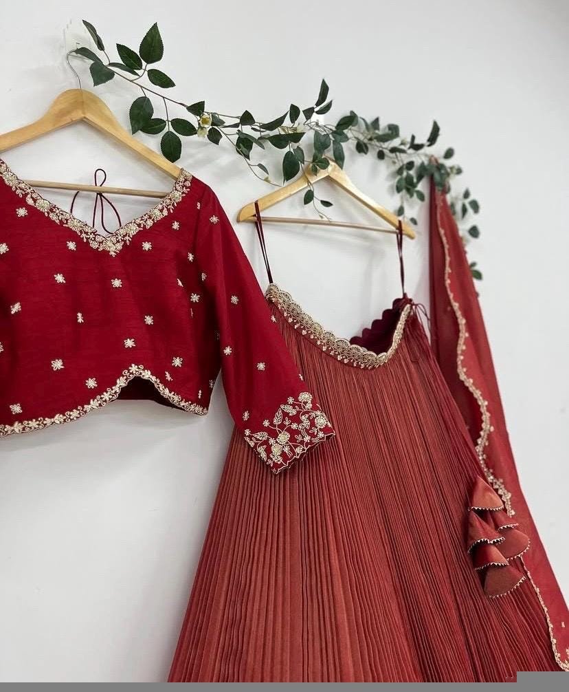 Hand Embroidered Kalamkari Lehenga Set: Red Silk Crop Top, Tissue Dupatta, half saree lehenga, teens Lehenga,tissue lehenga set,wedding dres