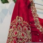 Red Silk Hand-Embroidered Saree Blouse: Zardosi Cutwork, Elbow Sleeve