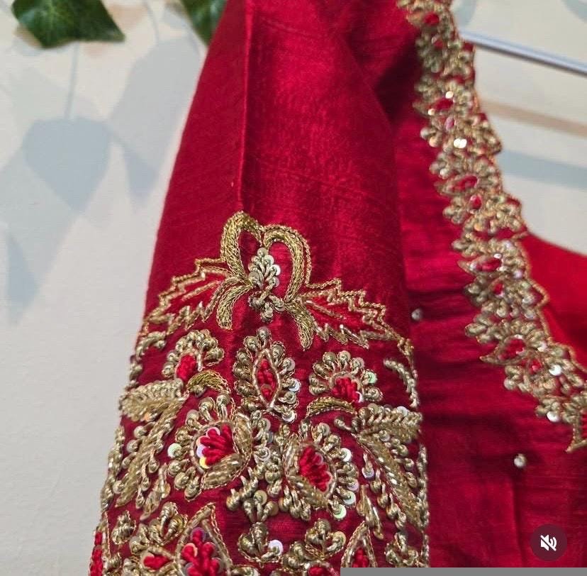 Red Silk Hand-Embroidered Saree Blouse: Zardosi Cutwork, Elbow Sleeve