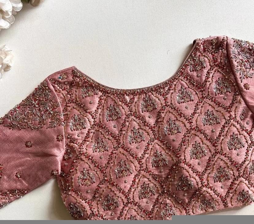 Hand Embroidered Silk Blouse: Light Pink Zardosi Crop Top