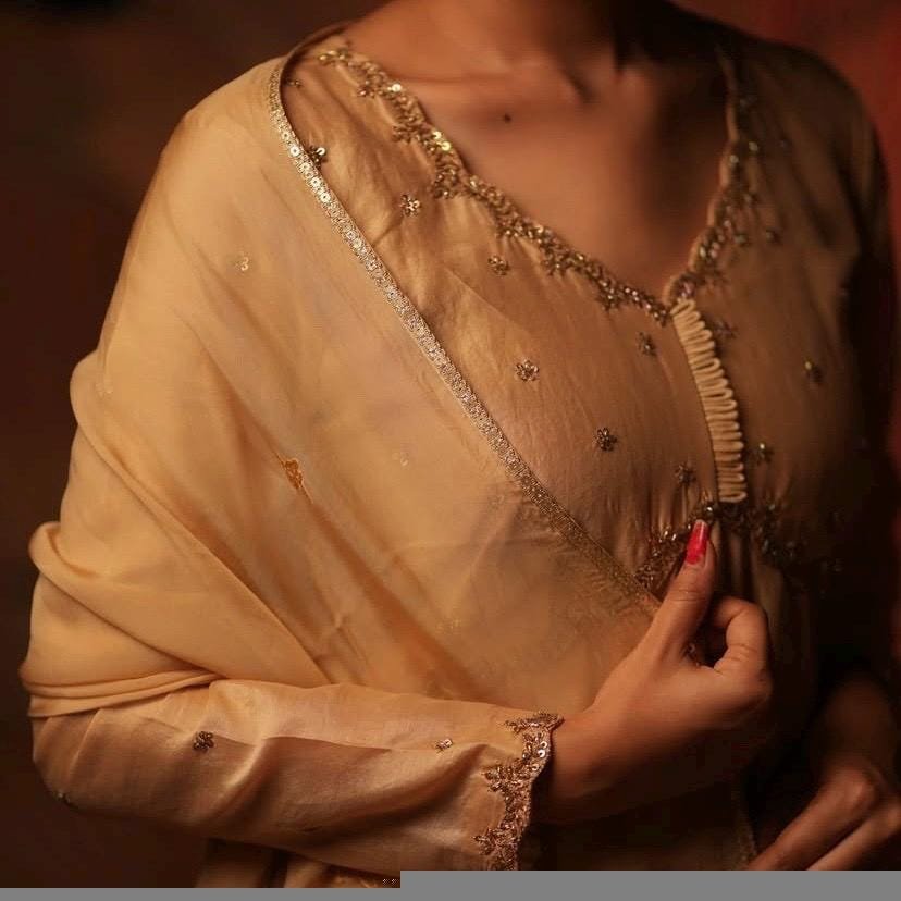 Hand Embroidered Tan Anarkali Suit: Chanderi Silk Indian Dress with Dupatta