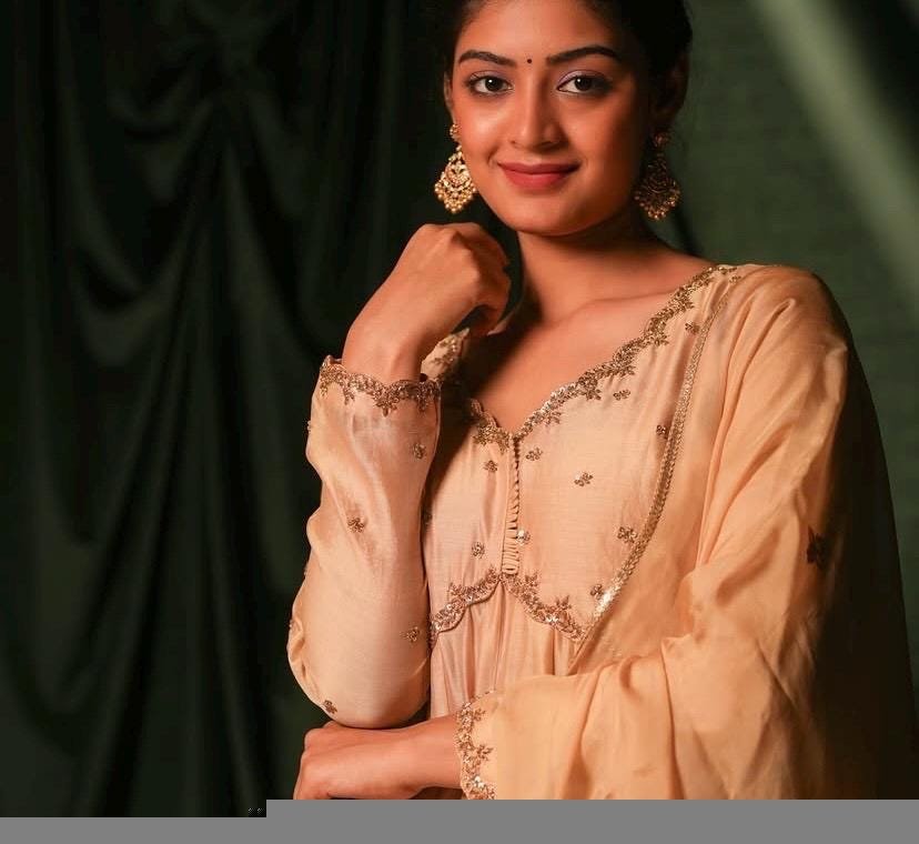 Hand Embroidered Tan Anarkali Suit: Chanderi Silk Indian Dress with Dupatta