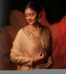 Hand Embroidered Tan Anarkali Suit: Chanderi Silk Indian Dress with Dupatta