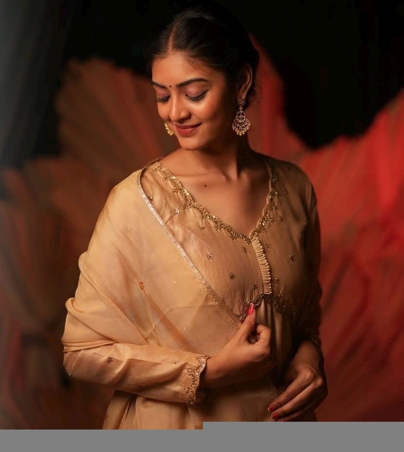 Hand Embroidered Tan Anarkali Suit: Chanderi Silk Indian Dress with Dupatta