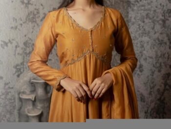 Hand Embroidered Orange Anarkali Suit with Dupatta: Chanderi Silk Indian Dress
