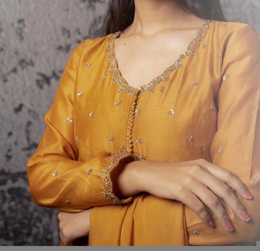 Hand Embroidered Orange Anarkali Suit with Dupatta: Chanderi Silk Indian Dress