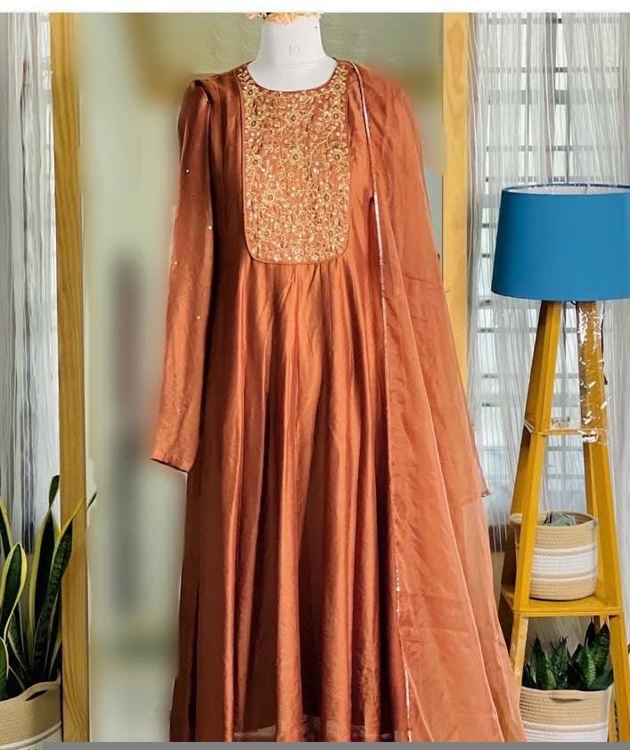 Hand Embroidered Orange Anarkali Suit: Chanderi Silk Indian Dress