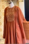 Hand Embroidered Orange Anarkali Suit: Chanderi Silk Indian Dress