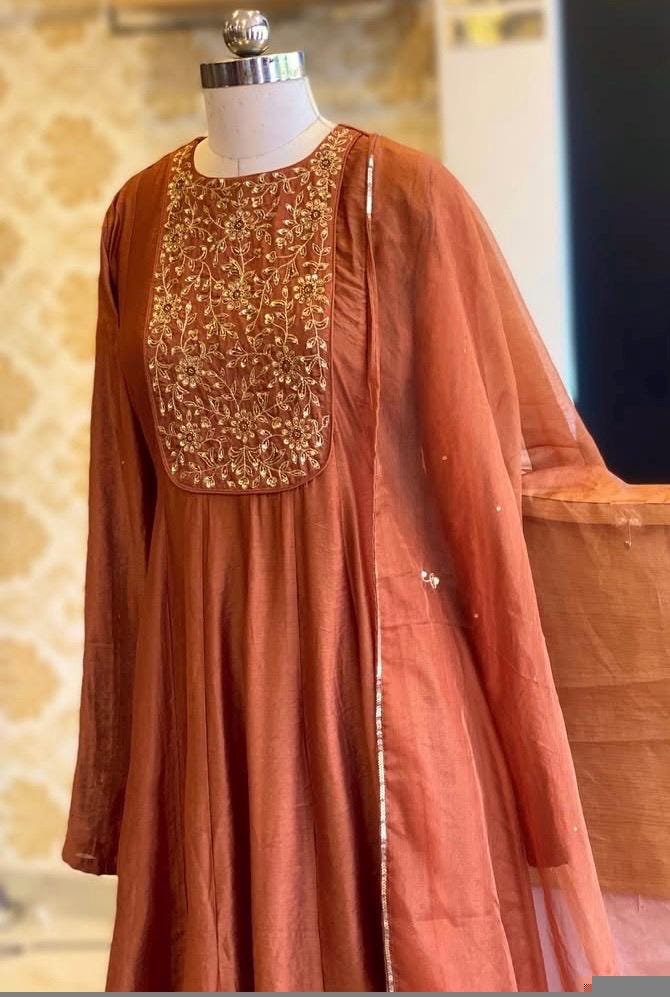 Hand Embroidered Orange Anarkali Suit: Chanderi Silk Indian Dress