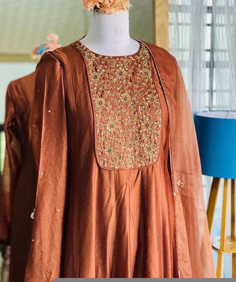 Hand Embroidered Orange Anarkali Suit: Chanderi Silk Indian Dress