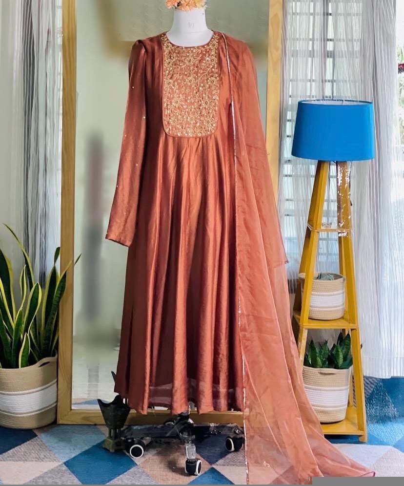 Hand Embroidered Orange Anarkali Suit: Chanderi Silk Indian Dress