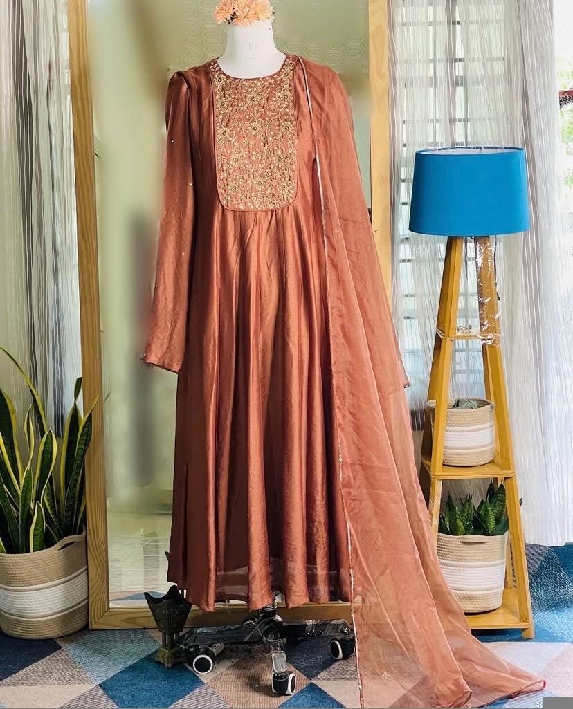 Hand Embroidered Orange Anarkali Suit: Chanderi Silk Indian Dress
