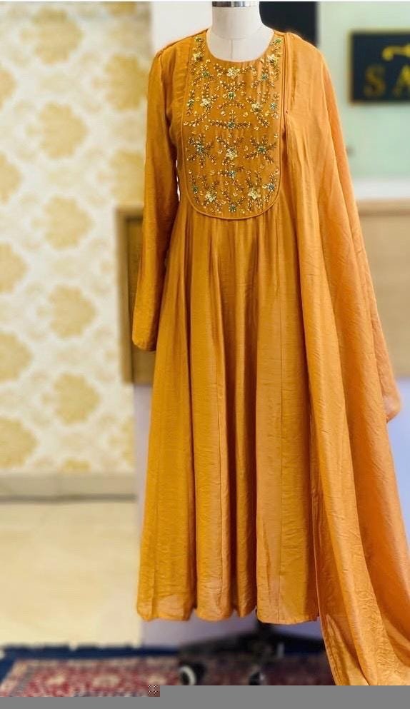 Hand Embroidered Orange Anarkali Suit: Chanderi Silk Indian Dress