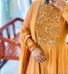 Hand Embroidered Orange Anarkali Suit: Chanderi Silk Indian Dress