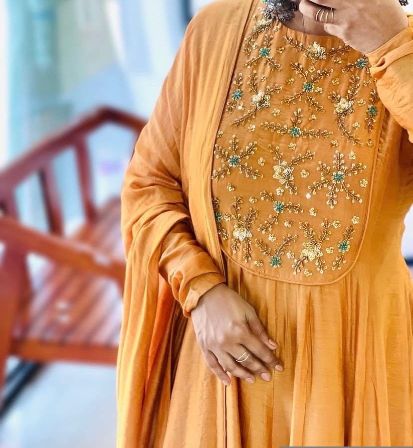 Hand Embroidered Orange Anarkali Suit: Chanderi Silk Indian Dress