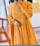 Hand Embroidered Orange Anarkali Suit: Chanderi Silk Indian Dress