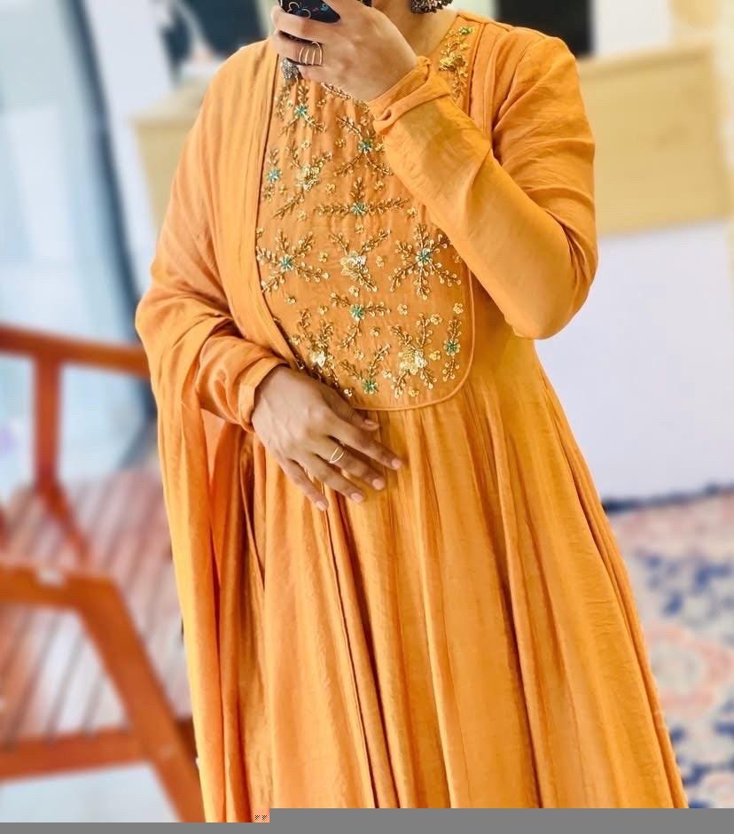 Hand Embroidered Orange Anarkali Suit: Chanderi Silk Indian Dress