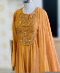 Hand Embroidered Orange Anarkali Suit: Chanderi Silk Indian Dress