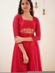 Hand Embroidered Red Silk Anarkali Dress: Indian Gown with Dupatta