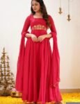 Hand Embroidered Red Silk Anarkali Dress: Indian Gown with Dupatta