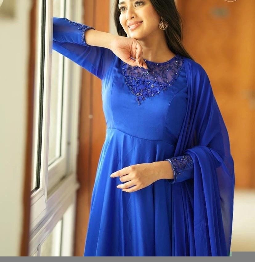 Hand Embroidered Royal Blue Anarkali Suit: Organza Dupatta, Indian Dress