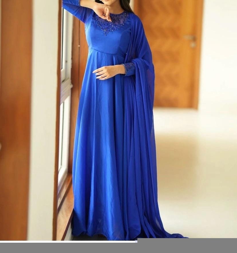 Hand Embroidered Royal Blue Anarkali Suit: Organza Dupatta, Indian Dress