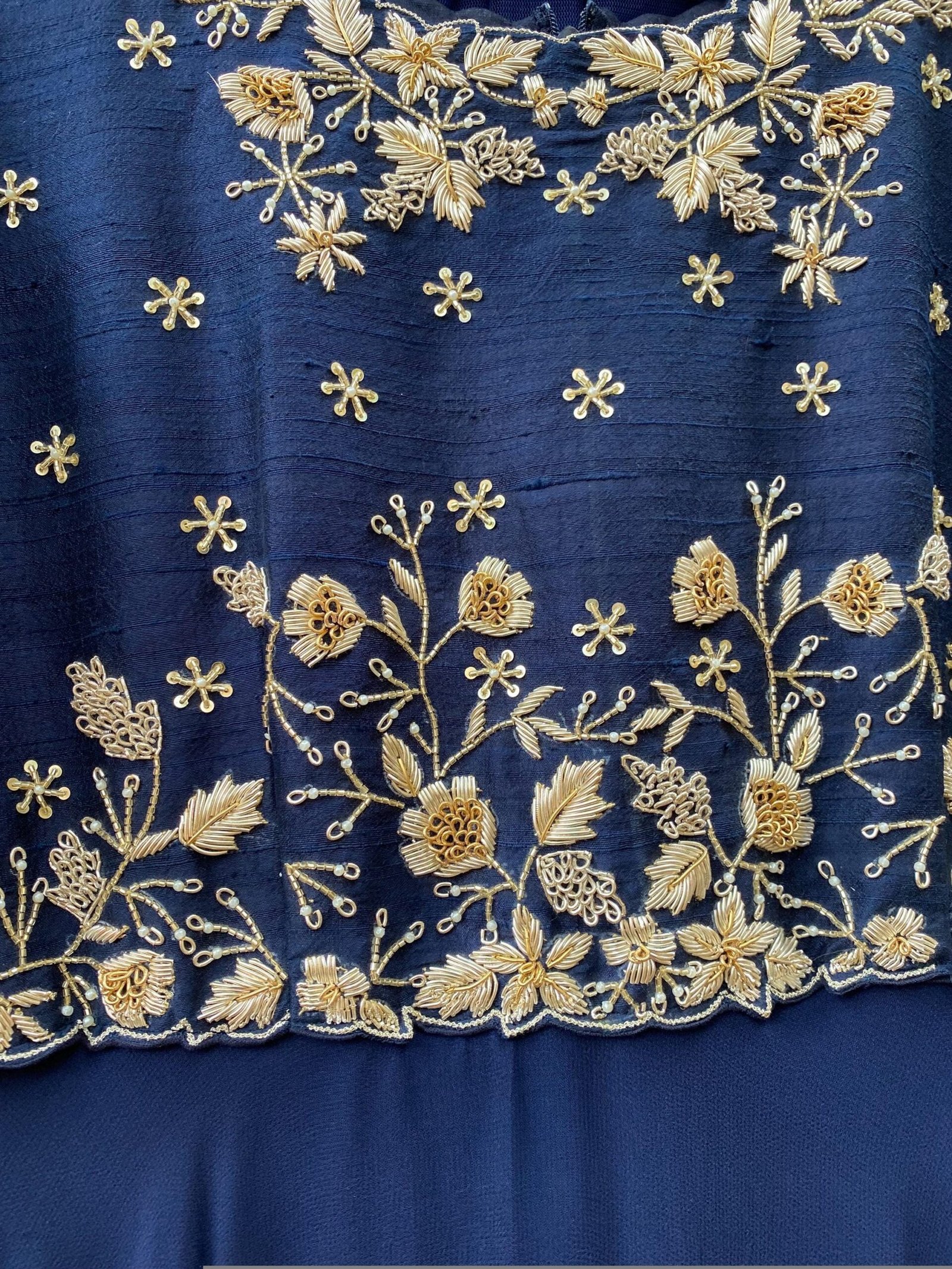 Navy Blue Zardosi Anarkali Suit: Hand Embroidered Raw Silk Indian Dress