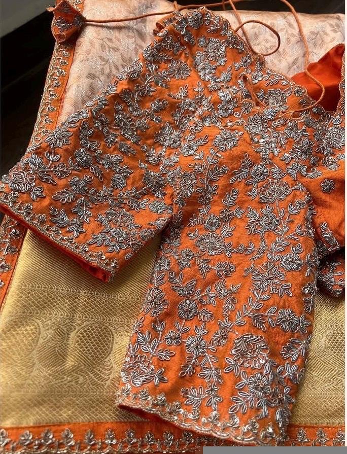 Hand Embroidered Silk Bridal Blouse: Orange Zardosi Wedding Top