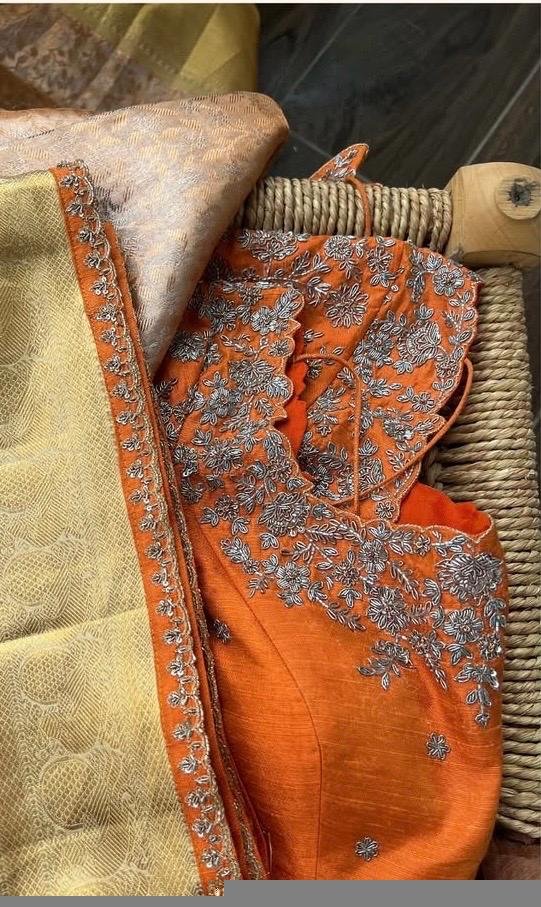 Hand Embroidered Silk Bridal Blouse: Orange Zardosi Wedding Top